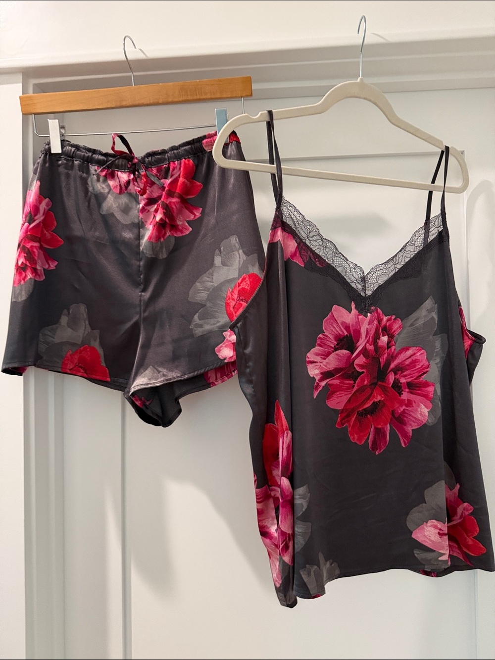 Ambrielle Lace Trim Satin Cami & Shorts Sleep Set Black with Pink Floral